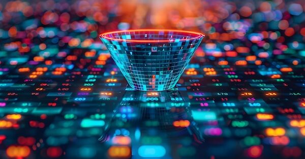 Representacao visual de funil de vendas com etapas de conversao