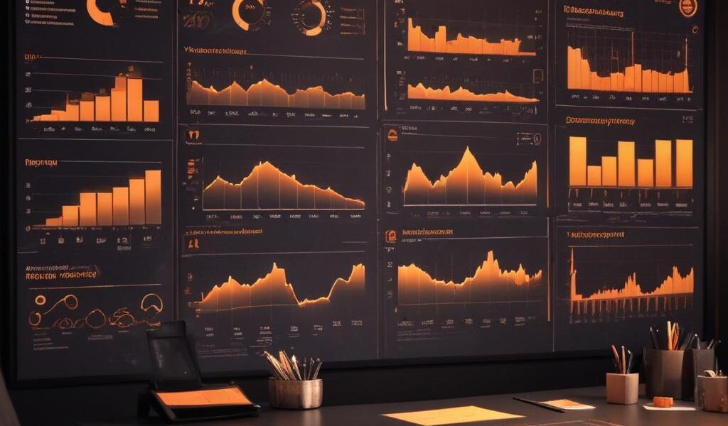 Sala de consultoria com dashboards de mídia paga e métricas de performance