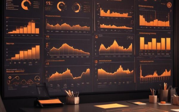 Sala de consultoria com dashboards de mídia paga e métricas de performance